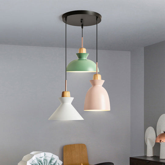 Macaron Round/Linear Metal Pendant Light With Shade - 3 Bulbs Pink/Black Hanging Lamp Fixture
