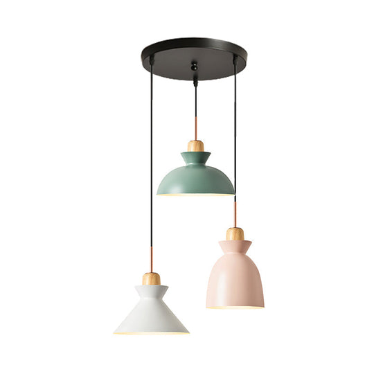 Macaron Round/Linear Metal Pendant Light With Shade - 3 Bulbs Pink/Black Hanging Lamp Fixture