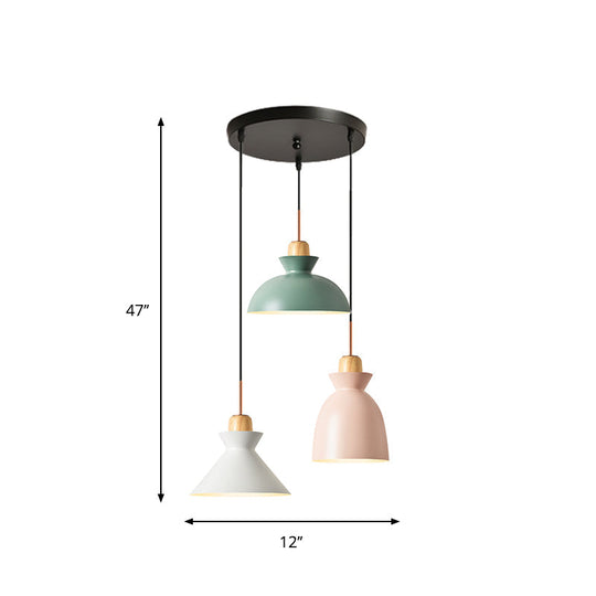 Macaron Round/Linear Metal Pendant Light With Shade - 3 Bulbs Pink/Black Hanging Lamp Fixture