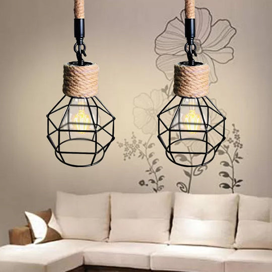 Rustic Wire Cage Adjustable Drop Pendant In Black-Brown Ceiling Hang Light With Rope Accent Lighting