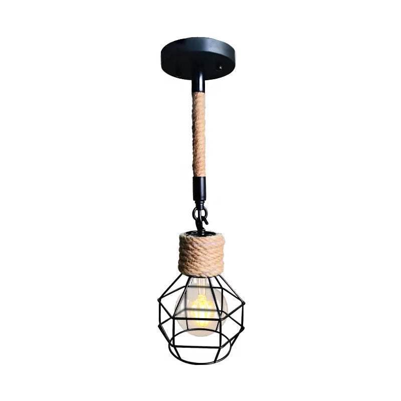 Rustic Wire Cage Adjustable Drop Pendant in Black-Brown Ceiling Hang Light with Rope Accent