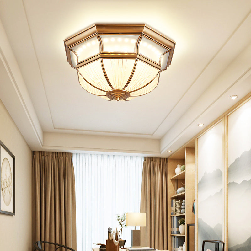 Colonial Flush Mount Led Ceiling Light With Opal Glass In Brass - 14/18 Sizes