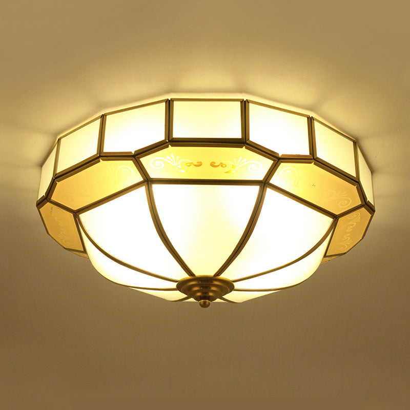 Colonial Milky Glass Bowl Ceiling Fixture 3/4-Bulb Living Room Flush Mount Lamp In Brass 16/19.5
