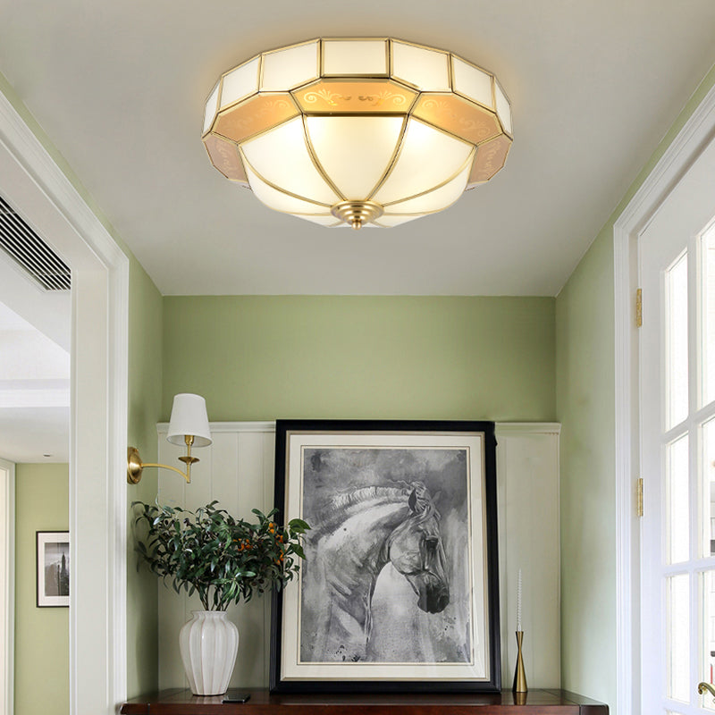 Colonial Milky Glass Bowl Ceiling Fixture, 3/4-Bulb Living Room Flush Mount Lamp in Brass, 16"/19.5" Width