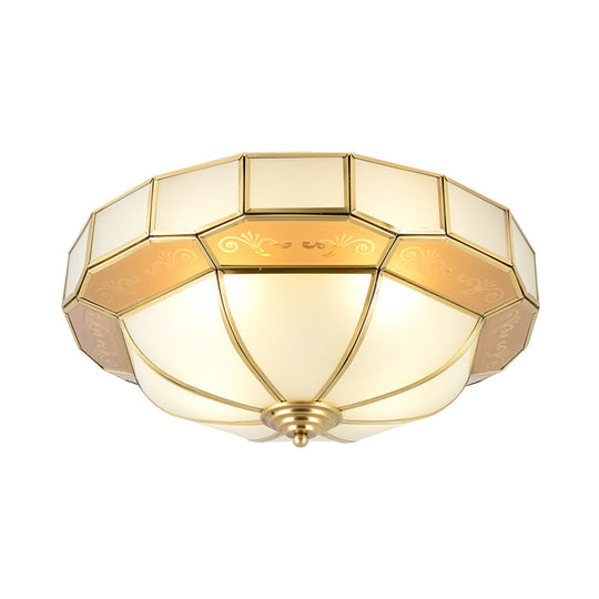 Colonial Milky Glass Bowl Ceiling Fixture, 3/4-Bulb Living Room Flush Mount Lamp in Brass, 16"/19.5" Width