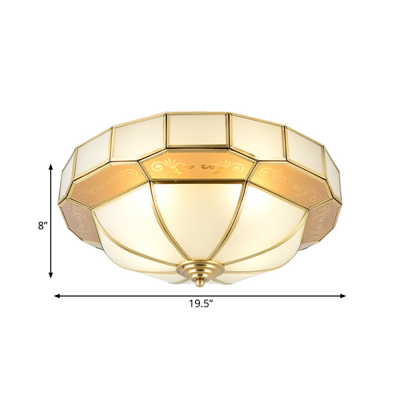 Colonial Milky Glass Bowl Ceiling Fixture, 3/4-Bulb Living Room Flush Mount Lamp in Brass, 16"/19.5" Width