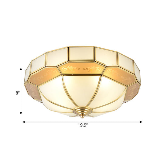 Colonial Milky Glass Bowl Ceiling Fixture, 3/4-Bulb Living Room Flush Mount Lamp in Brass, 16"/19.5" Width
