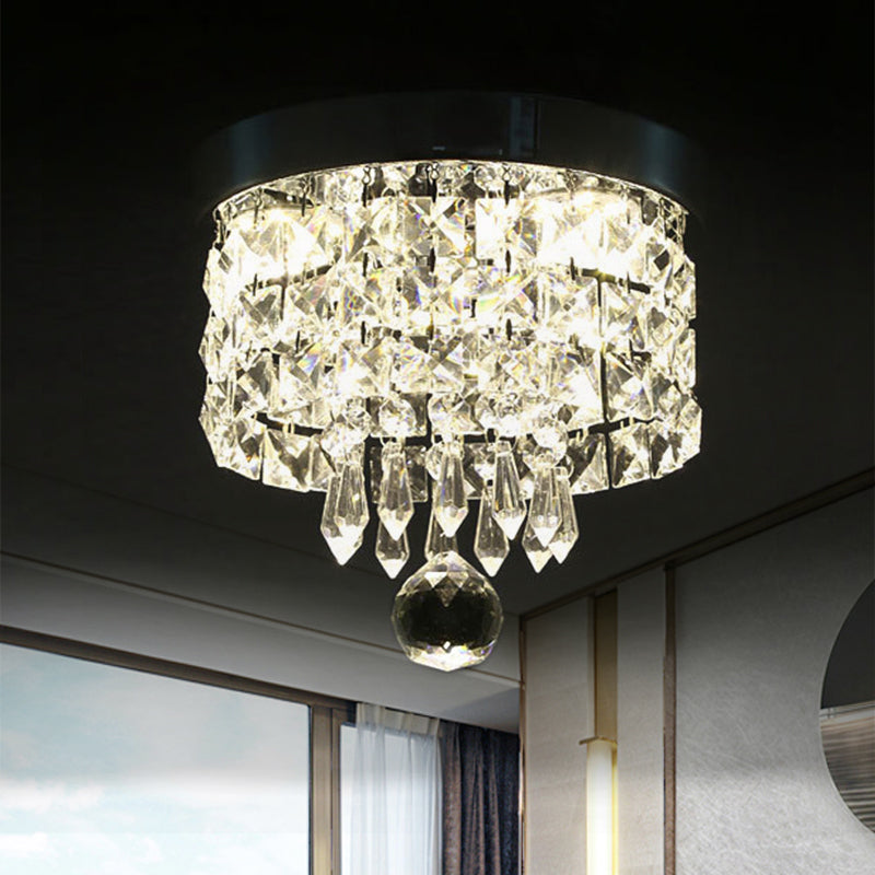 Glamorous Crystal Drum Ceiling Light In Chrome - Flush Mount Fixture