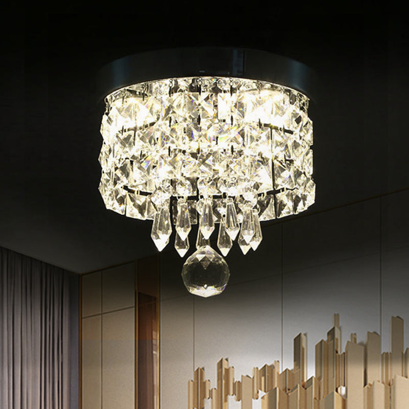 Glamorous Crystal Drum Ceiling Light in Chrome - Flush Mount Fixture