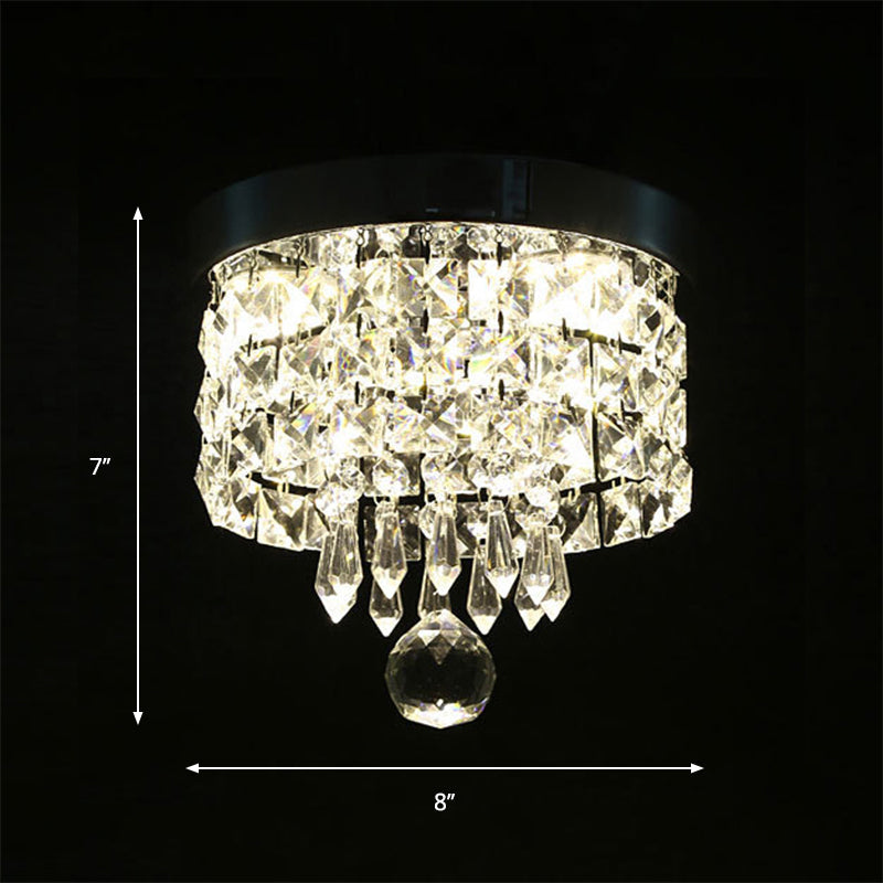 Glamorous Crystal Drum Ceiling Light In Chrome - Flush Mount Fixture