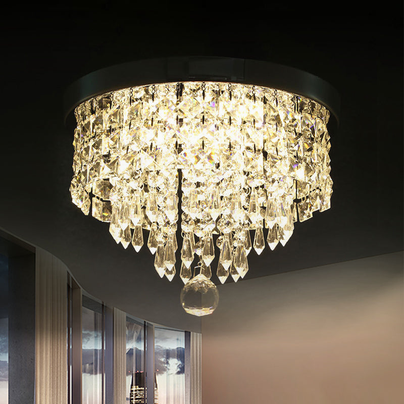 Glamorous Crystal Drum Ceiling Light In Chrome - Flush Mount Fixture