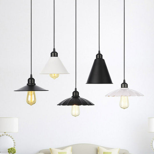 Rustic Pendant Ceiling Lamp With Flared Iron Shade - Black Or White