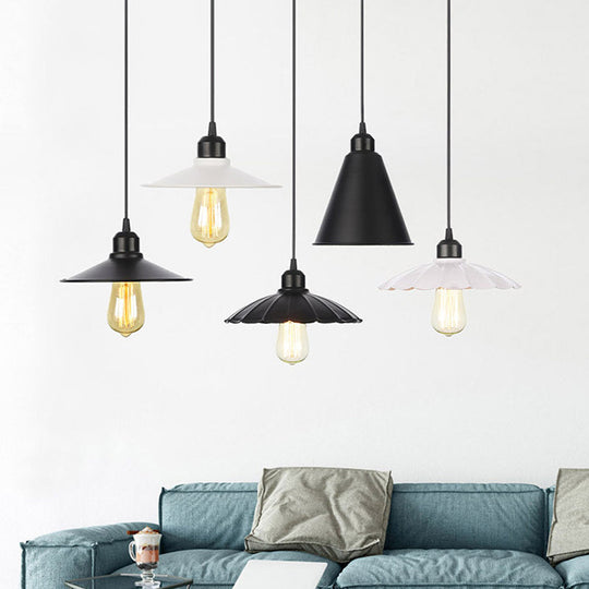 Plafonnier rustique avec abat-jour évasé en fer pour salon - Kit de suspension noir/blanc