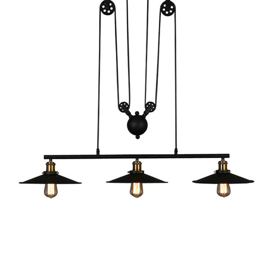 Rustic 3-Head Pendant Light With Black Flared Shade Pulley And Metallic Finish - Perfect For Your