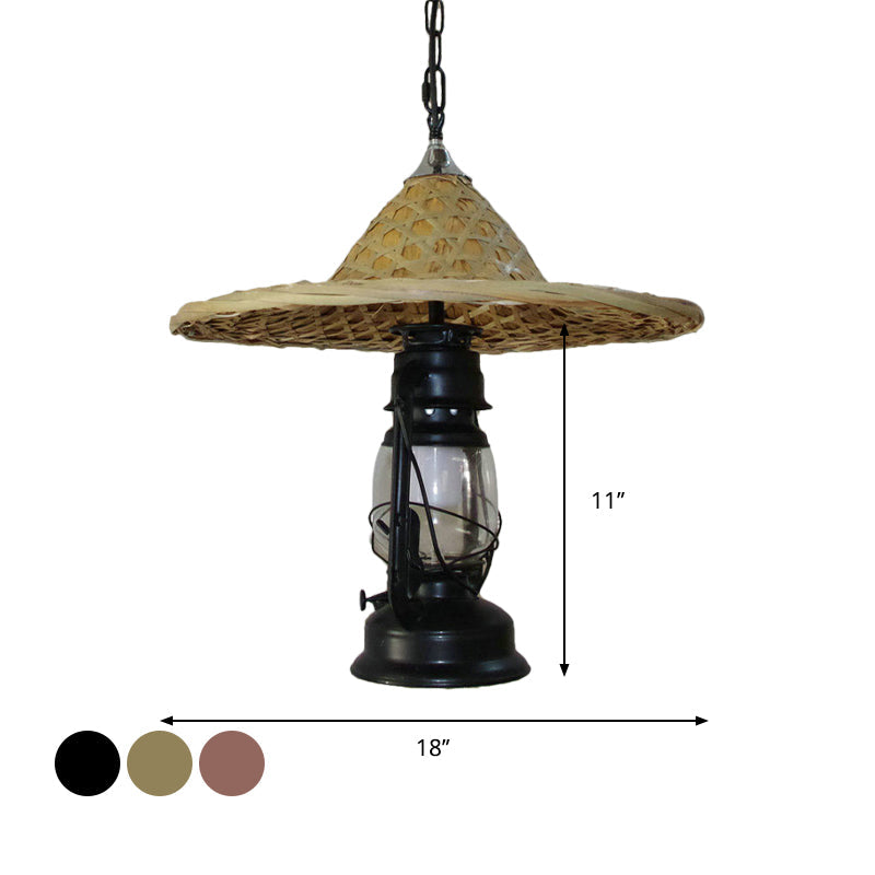 Suspension rustique au kérosène avec verre transparent et décoration en forme de chapeau coolie - Finition noire/bronze/cuivre
