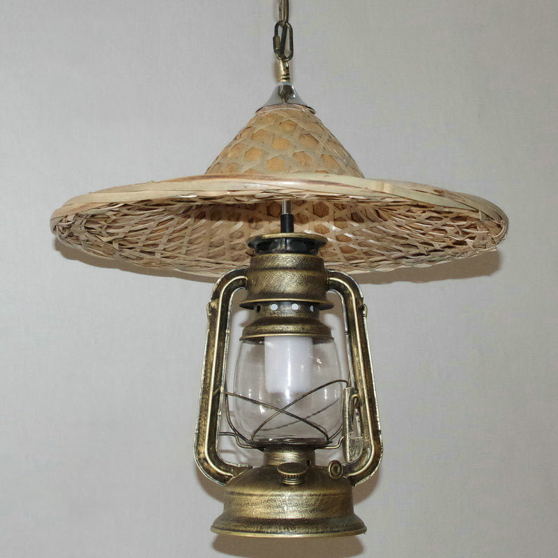 Rustic Clear Glass Kerosene Pendant Ceiling Hang Light In Black/Bronze/Copper With Coolie Hat Deco