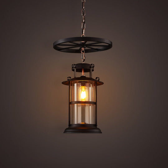 Industrial Metal Cage Pendant Lamp with Wheel Decoration - Black