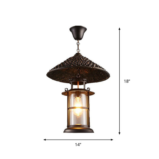 Rustic Black Hanging Pendant Light with Transparent Glass Cylinder and Pointy Hat Decoration, Single Bulb