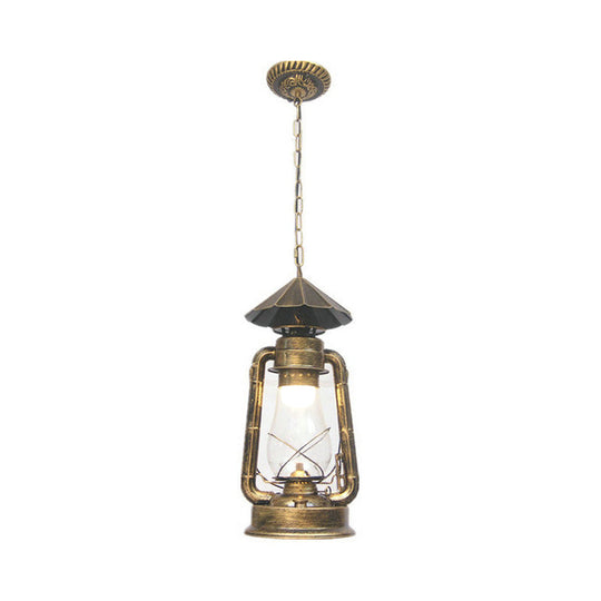 Rustic Clear/Frosted Glass Kerosene Pendant Lamp in Bronze/Copper/Black - 1 Bulb, Dining Room Ceiling Suspension Light