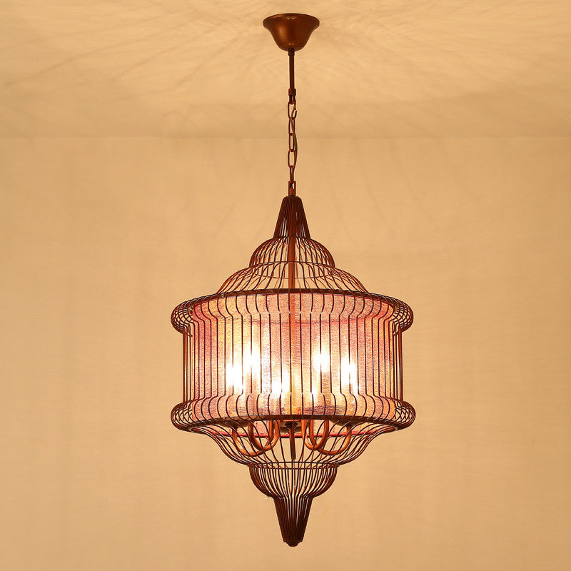 Farmhouse Black/Red/White Metal Lantern Pendant: 5-Bulb Cage Suspension Lighting Fixture For Dining