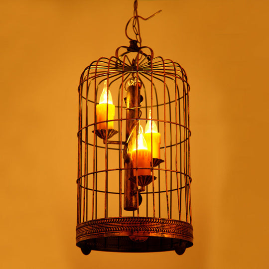 Vintage Countryside Chandelier Lamp With Amber Drop Pendant And Resin Bird Cage