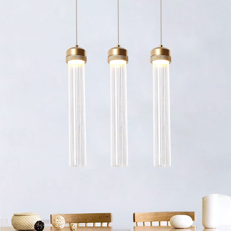 Clear Ribbed Glass Pendant with Gold Finish and Crystal Accents - Island Light