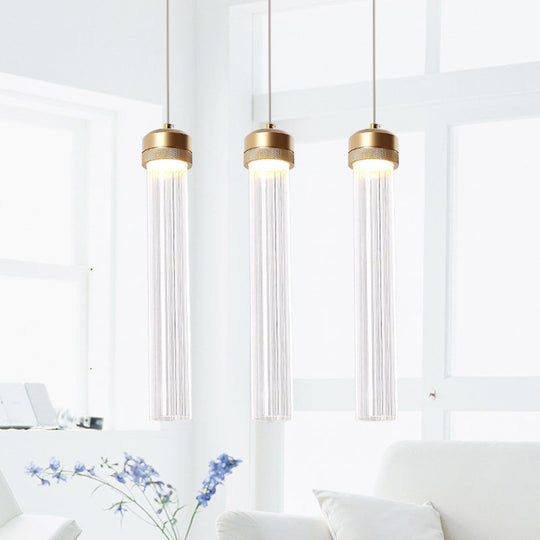 Clear Ribbed Glass Pendant with Gold Finish and Crystal Accents - Island Light