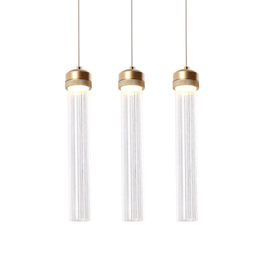 Clear Ribbed Glass Pendant with Gold Finish and Crystal Accents - Island Light