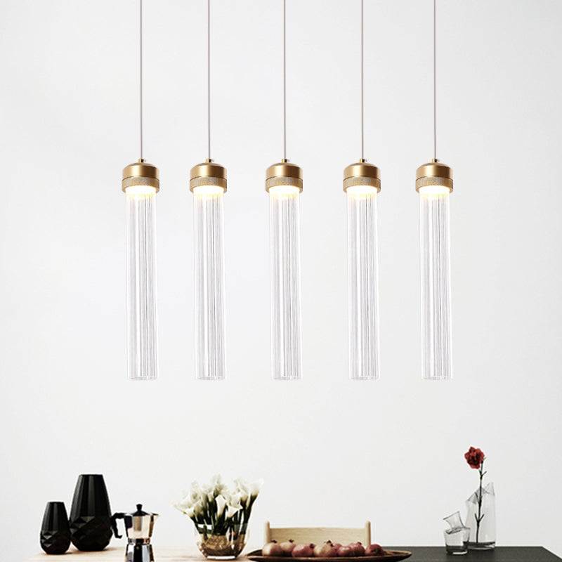 Clear Ribbed Glass Pendant with Gold Finish and Crystal Accents - Island Light