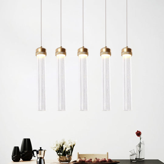 Clear Ribbed Glass Pendant with Gold Finish and Crystal Accents - Island Light