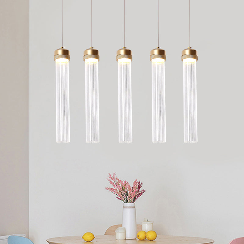 Clear Ribbed Glass Pendant with Gold Finish and Crystal Accents - Island Light