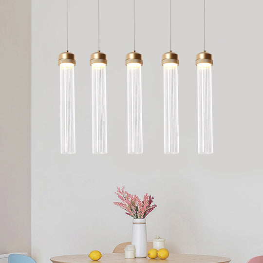 Clear Ribbed Glass Pendant with Gold Finish and Crystal Accents - Island Light