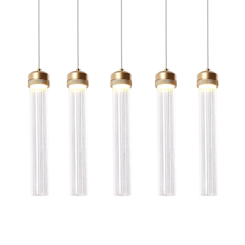 Clear Ribbed Glass Pendant with Gold Finish and Crystal Accents - Island Light