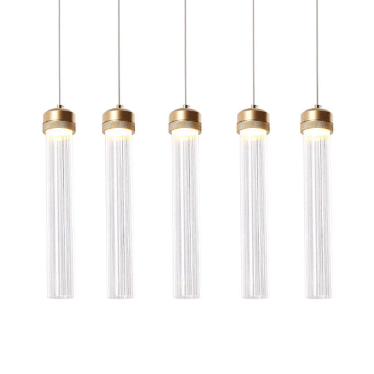 Clear Ribbed Glass Pendant with Gold Finish and Crystal Accents - Island Light