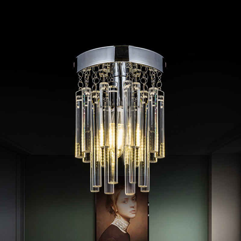 Round Chrome Crystal Bar Flush Mount Ceiling Light - Bare Bulb Flushmount