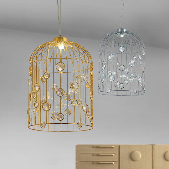 Crystal Bead Pendant Chandelier with Metal Bird Cage Design for Dining Room Lighting