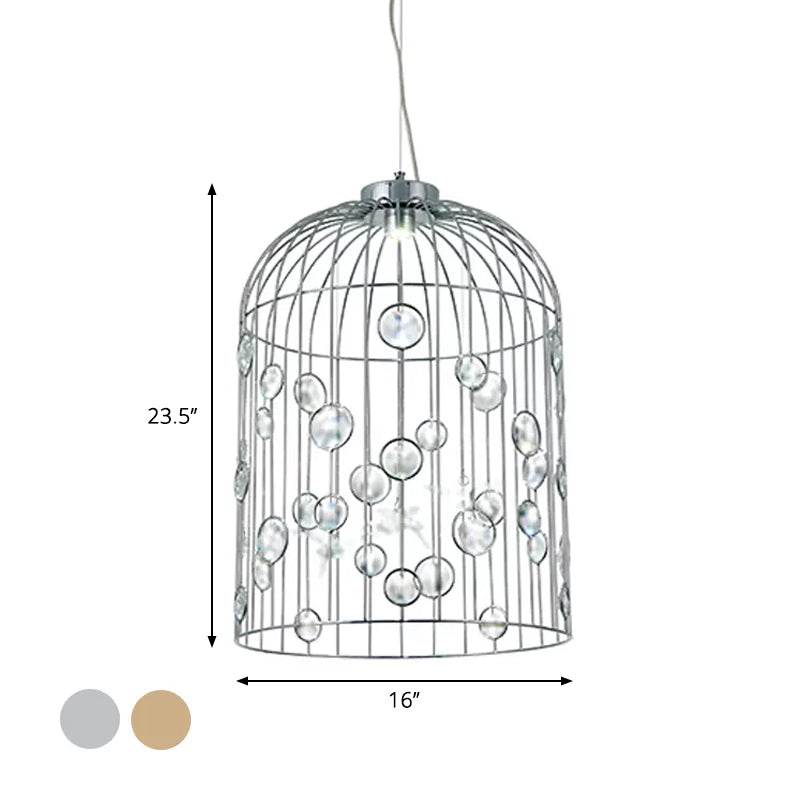 Crystal Bead Pendant Chandelier with Metal Bird Cage Design for Dining Room Lighting