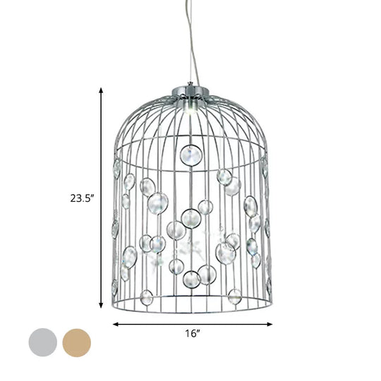 Crystal Bead Pendant Chandelier with Metal Bird Cage Design for Dining Room Lighting