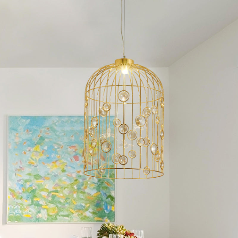 Crystal Bead Pendant Chandelier with Metal Bird Cage Design for Dining Room Lighting