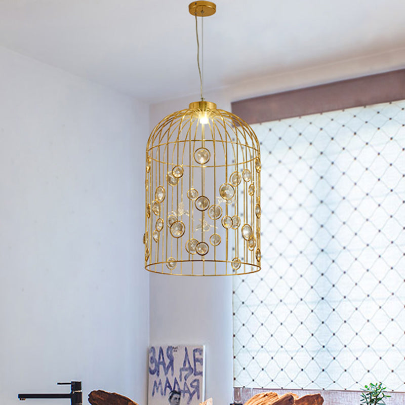 Crystal Bead Pendant Chandelier with Metal Bird Cage Design for Dining Room Lighting