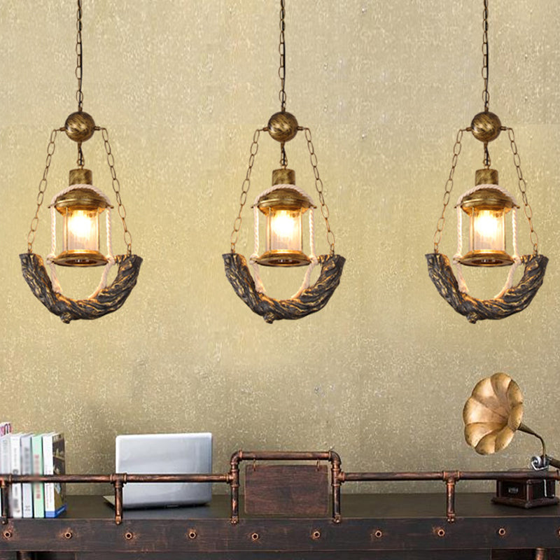 Coastal Clear Glass Antique Brass Lantern Ceiling Light: Stylish Dining Room Pendant With Chain