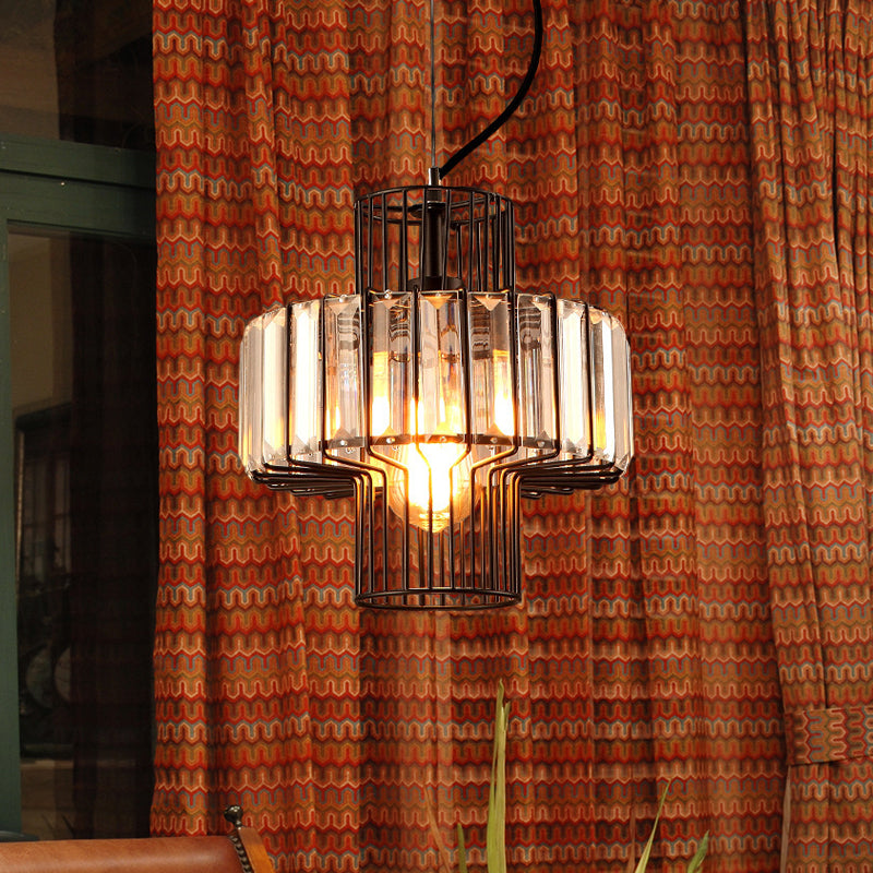 Minimalist Lantern Crystal Block Suspension Lighting - 10/12.5 Wide 1 Head Ceiling Pendant In Black