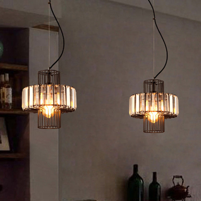 Minimalist Lantern Crystal Block Suspension Lighting - 10/12.5 Wide 1 Head Ceiling Pendant In Black