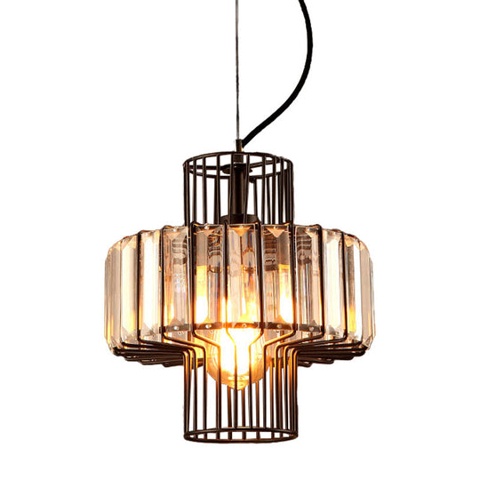 Minimalist Crystal Lantern Pendant with Metal Cage: 1 Head, Black, 10"/12.5" Width