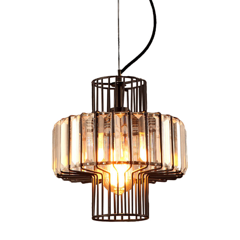 Minimalist Lantern Crystal Block Suspension Lighting - 10/12.5 Wide 1 Head Ceiling Pendant In Black