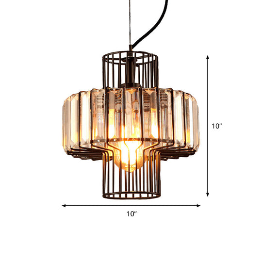 Minimalist Crystal Lantern Pendant with Metal Cage: 1 Head, Black, 10"/12.5" Width