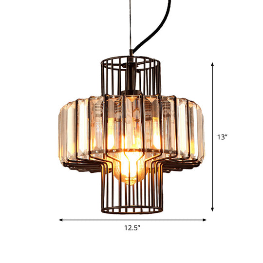 Minimalist Lantern Crystal Block Suspension Lighting - 10/12.5 Wide 1 Head Ceiling Pendant In Black