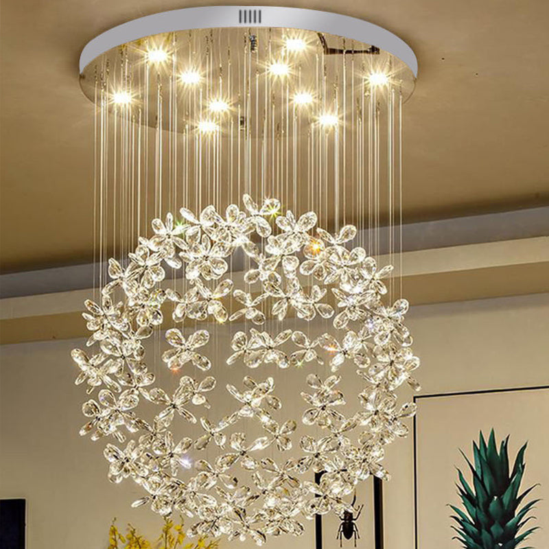 Modern Clear Crystal Sphere Flush Light - 16"/19.5" W Nickel Ceiling Fixture with 9 Lights - Dining Room Mount