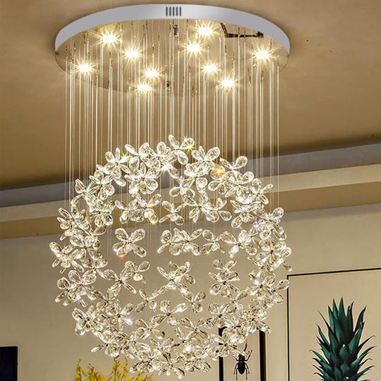 Modern Clear Crystal Sphere Flush Light - 16"/19.5" W Nickel Ceiling Fixture with 9 Lights - Dining Room Mount