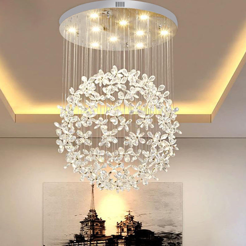 Modern Clear Crystal Sphere Flush Light - 16"/19.5" W Nickel Ceiling Fixture with 9 Lights - Dining Room Mount